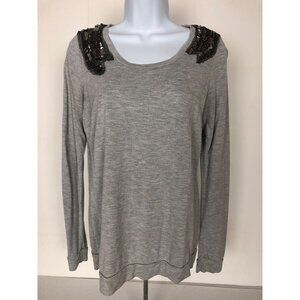 Maurices Top Women Size L Light Gray w Sequins Beading on Shoulder Long Sleeves